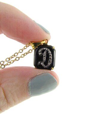Vintage Victorian Gothic Initial D Pendant Necklace - Black Glass and Marcasite